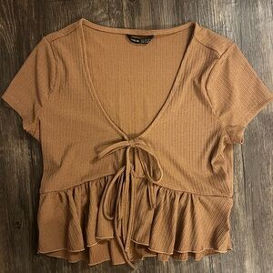 SHEIN Tan Ribbed Tie Front Crop Blouse